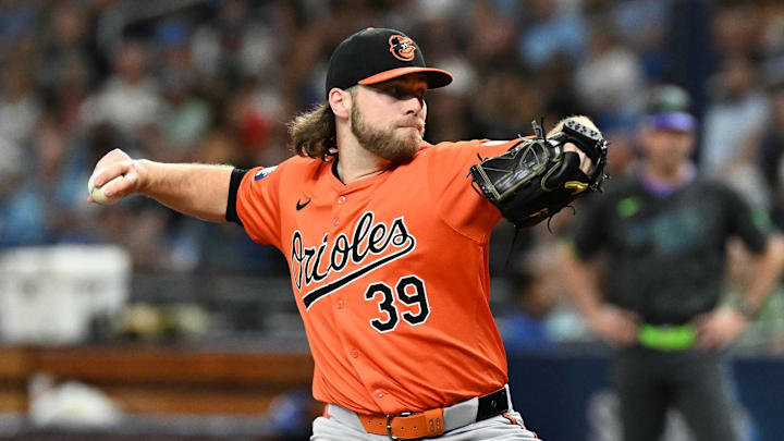 Aug 10, 2024; St. Petersburg, Florida, USA; Baltimore Orioles starting pitcher Corbin Burnes (39) throws a pitch in the first inning against the Tampa Bay Rays at Tropicana Field. Mandatory Credit: Jonathan Dyer-Imagn Images
