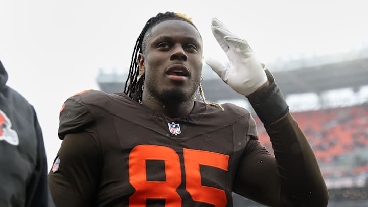 Dec 7, 2025; Cleveland, Ohio, USA; Cleveland Browns tight end David Njoku (85) walks off the field after the game against the Tennessee Titans at Huntington Bank Field. Mandatory Credit: Scott Galvin-Imagn Images