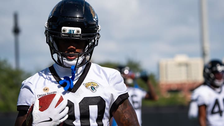 Jacksonville Jaguars cornerback Montaric Brown (30) runs with the ball while running drills during the Jacksonville Jaguars’ third mandatory minicamp Thursday June 12, 2025 at the Miller Electric Center in Jacksonville, Fla. Jacksonville Jaguars cornerback Montaric Brown (30) runs with the ball while running drills during the Jacksonville Jaguars’ third mandatory minicamp Thursday June 12, 2025 at the Miller Electric Center in Jacksonville, Fla.