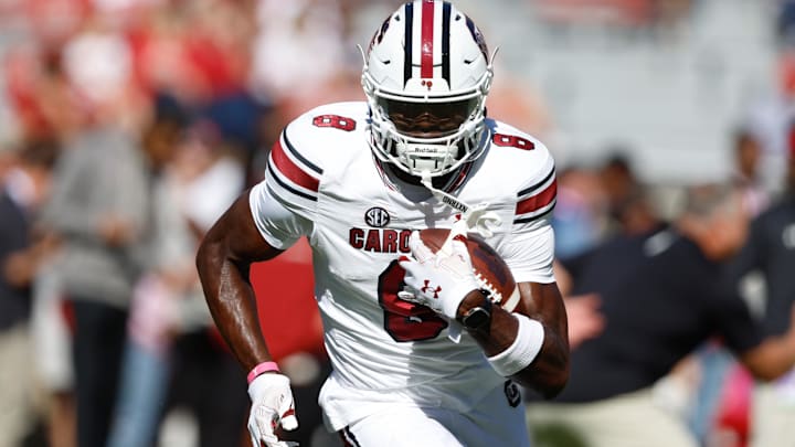 Oct 12, 2024; Tuscaloosa, Alabama, USA;  South Carolina Gamecocks wide receiver Nyck Harbor (8) during warm ups at Bryant-Denny Stadium. Mandatory Credit: Butch Dill-Imagn Images