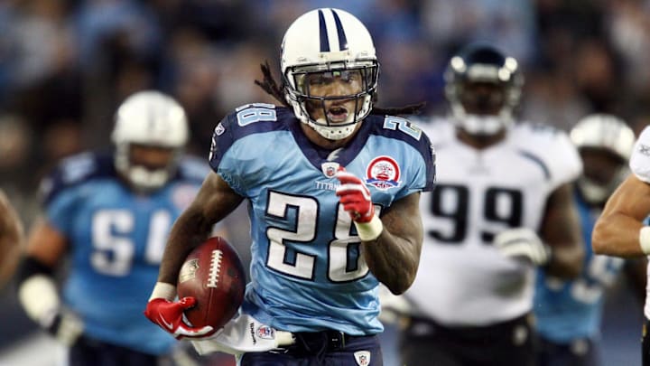 Tennessee Titans running back Chris Johnson (28) pulls away from Jacksonville Jaguars defense for a 52 yard touchdown run in the third quarter at LP Field on Nov. 1, 2009. The Titans defeated the Jaguars 30-13 for their first win of the season.