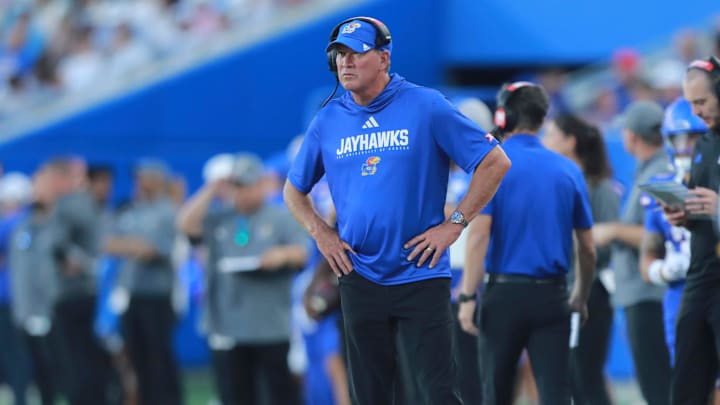 Kansas Jayhawks head coach Lance Leipold watches his players during the game between Fresno State and Kansas at David Booth Kansas Memorial Stadium on Aug. 23, 2025. Kansas Jayhawks head coach Lance Leipold watches his players during the game between Fresno State and Kansas at David Booth Kansas Memorial Stadium on Aug. 23, 2025.