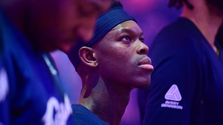Mar 27, 2026; Cleveland, Ohio, USA; Cleveland Cavaliers guard Dennis Schroder (8) listens to the national anthem before the game between the Cavaliers and the Miami Heat at Rocket Arena. Mandatory Credit: Ken Blaze-Imagn Images