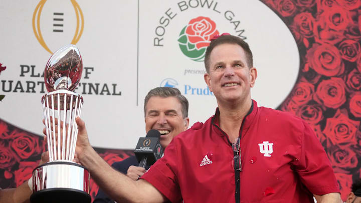 Indiana coach Curt Cignetti celebrates with the trophy Jan. 1, 2026, after beating Alabama in the 2026 Rose Bowl and quarterfinal game of the College Football Playoff at Rose Bowl Stadium in Pasadena, California. Indiana coach Curt Cignetti celebrates with the trophy Jan. 1, 2026, after beating Alabama in the 2026 Rose Bowl and quarterfinal game of the College Football Playoff at Rose Bowl Stadium in Pasadena, California.