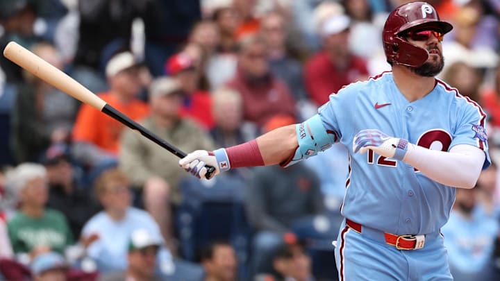 Apr 30, 2026; Philadelphia, Pennsylvania, USA; Philadelphia Phillies left fielder Kyle Schwarber (12) hits a home run during the first inning against the San Francisco Giants at Citizens Bank Park.
