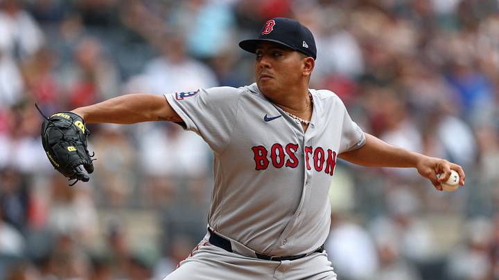Aug 30, 2026; Bronx, New York, USA;  Boston Red Sox pitcher Ranger Suarez (55) pitches against the New York Yankees during the first inning at Yankee Stadium.  Mandatory Credit: Vincent Carchietta-Imagn Images