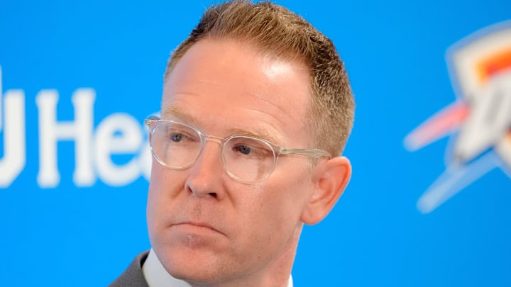 Thunder general manager Sam Presti speaks during an introductory press conference for the 2024 Thunder draft picks at Oklahoma Contemporary Arts Center in Oklahoma City, Saturday, June, 29, 2024. Thunder general manager Sam Presti speaks during an introductory press conference for the 2024 Thunder draft picks at Oklahoma Contemporary Arts Center in Oklahoma City, Saturday, June, 29, 2024.
