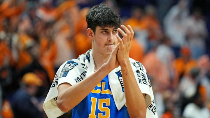 Mar 22, 2025; Lexington, KY, USA; UCLA Bruins center Aday Mara (15) reacts after the game against the Tennessee Volunteers in the second round of the NCAA Tournament at Rupp Arena. Mandatory Credit: Aaron Doster-Imagn Images Mar 22, 2025; Lexington, KY, USA; UCLA Bruins center Aday Mara (15) reacts after the game against the Tennessee Volunteers in the second round of the NCAA Tournament at Rupp Arena. Mandatory Credit: Aaron Doster-Imagn Images