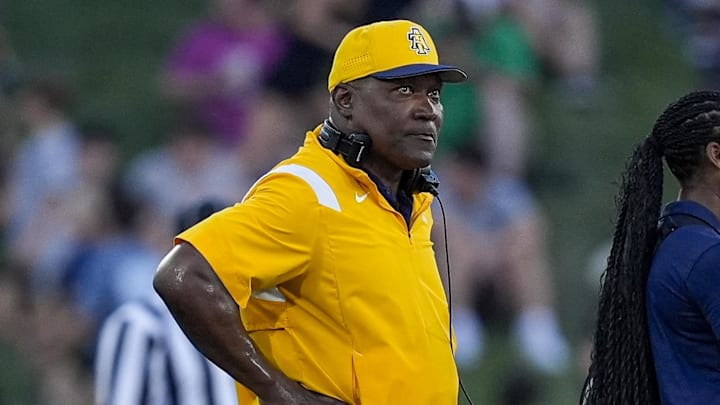 Aug 29, 2024; Winston-Salem, North Carolina, USA; North Carolina A&T Aggies head coach Vincent Brown during the first half against the Wake Forest Demon Deacons at Allegacy Federal Credit Union Stadium. Mandatory Credit: Jim Dedmon-Imagn Images Aug 29, 2024; Winston-Salem, North Carolina, USA; North Carolina A&T Aggies head coach Vincent Brown during the first half against the Wake Forest Demon Deacons at Allegacy Federal Credit Union Stadium. Mandatory Credit: Jim Dedmon-Imagn Images