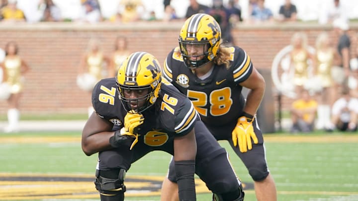 Oct 9, 2021; Columbia, Missouri, USA; Missouri Tigers offensive lineman Javon Foster (76) and