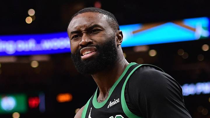 Boston Celtics guard Jaylen Brown (7) reacts towards the official after a play during the second half against the Miami Heat at TD Garden on February 6, 2026.