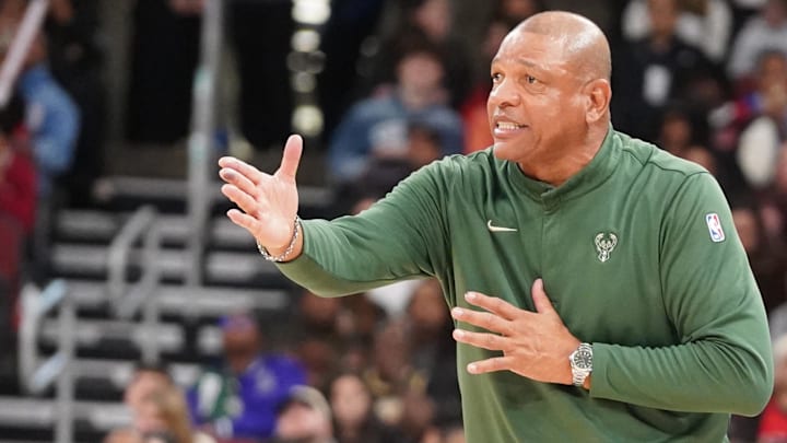 Mar 1, 2026; Chicago, Illinois, USA; Milwaukee Bucks Head Coach Doc Rivers gestures to his team against the Chicago Bulls during the second half at United Center. Mandatory Credit: David Banks-Imagn Images