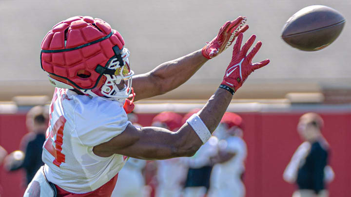 Arkansas Razorbacks wide receiver Ismael Cisse makes a catch in spring practice drills on the outdoor fields in Fayetteville, Ark.