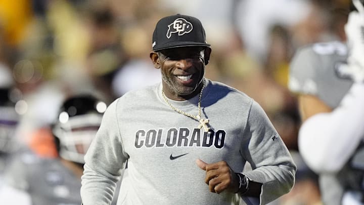 Sep 27, 2025; Boulder, Colorado, USA; Colorado Buffaloes head coach Deion Sanders reacts before the game against the Brigham Young Cougars at Folsom Field. Mandatory Credit: Ron Chenoy-Imagn Images