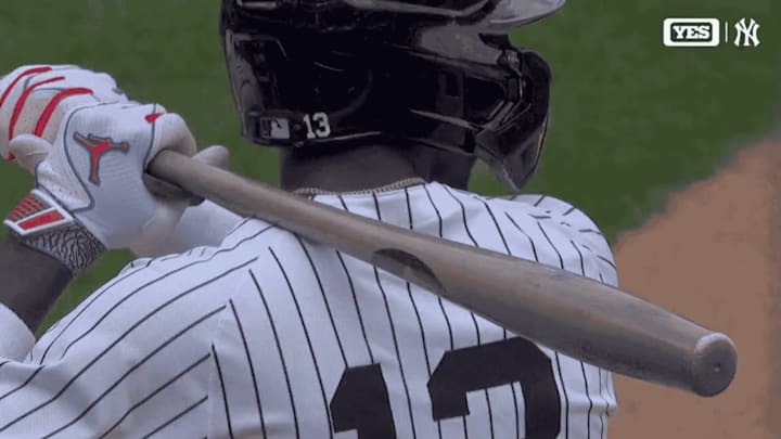 Yankees' Chisholm hits with the custom-designed 'Torpedo' bat Saturday against the Milwaukee Brewers