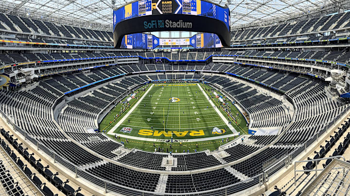 Aug 9, 2025; Inglewood, California, USA;  Panoramic view of SoFi Stadium prior to the game between the Los Angeles Rams and the Dallas Cowboys. Mandatory Credit: Jayne Kamin-Oncea-Imagn Images