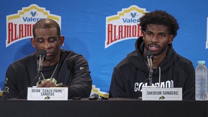 Dec 28, 2024; San Antonio, TX, USA; Colorado Buffaloes head coach Deion Sanders and quarterback Shedeur Sanders (2) talk with the media after the game against the Brigham Young Cougars at Alamodome. Mandatory Credit: Troy Taormina-Imagn Images Dec 28, 2024; San Antonio, TX, USA; Colorado Buffaloes head coach Deion Sanders and quarterback Shedeur Sanders (2) talk with the media after the game against the Brigham Young Cougars at Alamodome. Mandatory Credit: Troy Taormina-Imagn Images