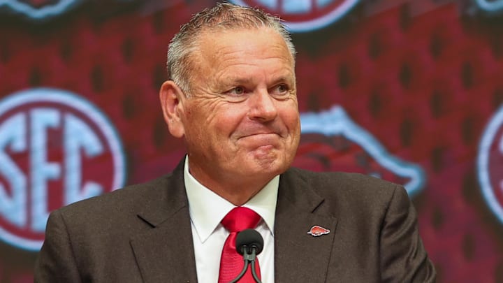 Jul 17, 2025; Atlanta, GA, USA; Arkansas Razorbacks head coach Sam Pittman talks to the media during the SEC Media Days at Omni Atlanta Hotel. Mandatory Credit: Jordan Godfree-Imagn Images