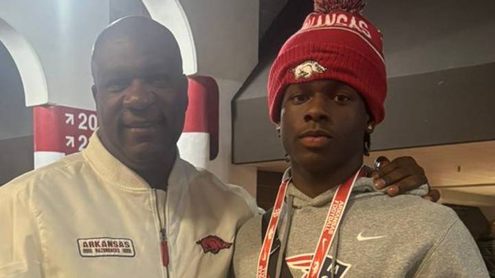 Arkansas running backs coach David Johnson with Marion running back Jeremiah Dent at Razorbacks Junior Day. Arkansas running backs coach David Johnson with Marion running back Jeremiah Dent at Razorbacks Junior Day.