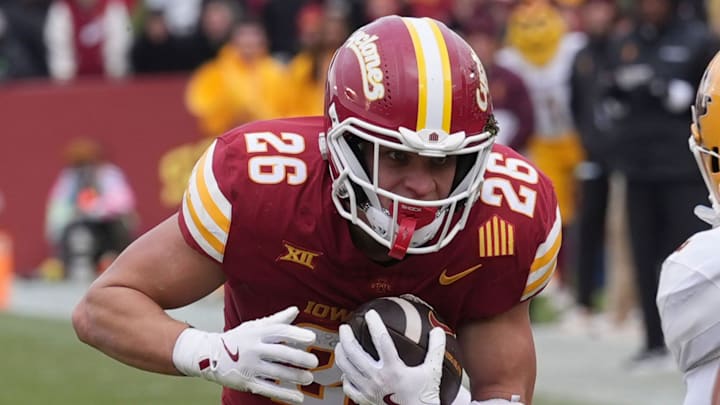 Iowa State Cyclones' running back Carson Hansen (26) runs with the ball against Arizona State during the first quarter in the Big-12 showdown at jack Trice Stadium on Nov. 1, 2025, in Ames, Iowa.