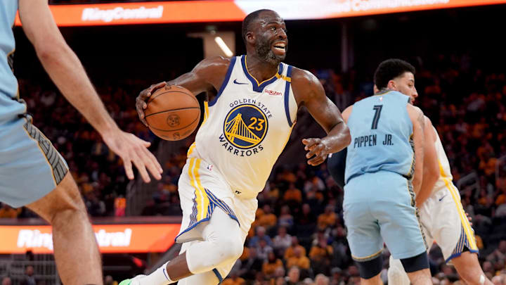 Apr 15, 2025; San Francisco, California, USA; Golden State Warriors forward Draymond Green (23) drives to the hoop against the Memphis Grizzlies in the third quarter at the Chase Center. Mandatory Credit: Cary Edmondson-Imagn Images Apr 15, 2025; San Francisco, California, USA; Golden State Warriors forward Draymond Green (23) drives to the hoop against the Memphis Grizzlies in the third quarter at the Chase Center. Mandatory Credit: Cary Edmondson-Imagn Images