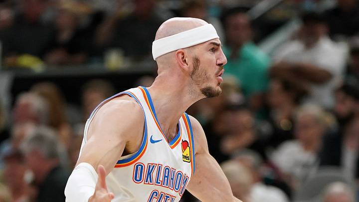 May 28, 2026; San Antonio, Texas, USA; Oklahoma City Thunder guard Alex Caruso (9) reacts to no call by the referee against the San Antonio Spurs during game six of the western conference finals for the 2026 NBA playoffs at Frost Bank Center. Mandatory Credit: Dustin Safranek-Imagn Images May 28, 2026; San Antonio, Texas, USA; Oklahoma City Thunder guard Alex Caruso (9) reacts to no call by the referee against the San Antonio Spurs during game six of the western conference finals for the 2026 NBA playoffs at Frost Bank Center. Mandatory Credit: Dustin Safranek-Imagn Images