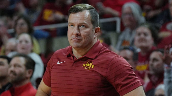 Iowa State Cyclones men's basketball head coach T.J. Otzelberger watches the game from the bench during the second half in the Big-12 conference men’s basketball against Texas Tech on Feb. 28, 2026, at Hilton Coliseum in Ames, Iowa.