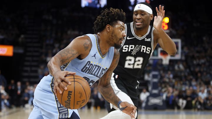 Jan 2, 2024; Memphis, Tennessee, USA; Memphis Grizzlies guard Marcus Smart (36) drives to the basket as San Antonio Spurs guard Malaki Branham (22) defends during the first half at FedExForum. Jan 2, 2024; Memphis, Tennessee, USA; Memphis Grizzlies guard Marcus Smart (36) drives to the basket as San Antonio Spurs guard Malaki Branham (22) defends during the first half at FedExForum.