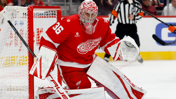 Dec 16, 2025; Detroit, Michigan, USA;  Detroit Red Wings goaltender John Gibson (36) tends goal in the first period against the New York Islanders at Little Caesars Arena. Mandatory Credit: Rick Osentoski-Imagn Images