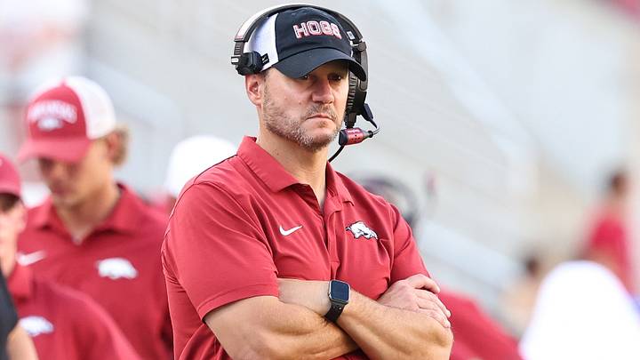 Arkansas Razorbacks head coach Ryan Silverfield during the fourth quarter against the North Alabama Lions at Razorback Stadium. Arkansas Razorbacks head coach Ryan Silverfield during the fourth quarter against the North Alabama Lions at Razorback Stadium.