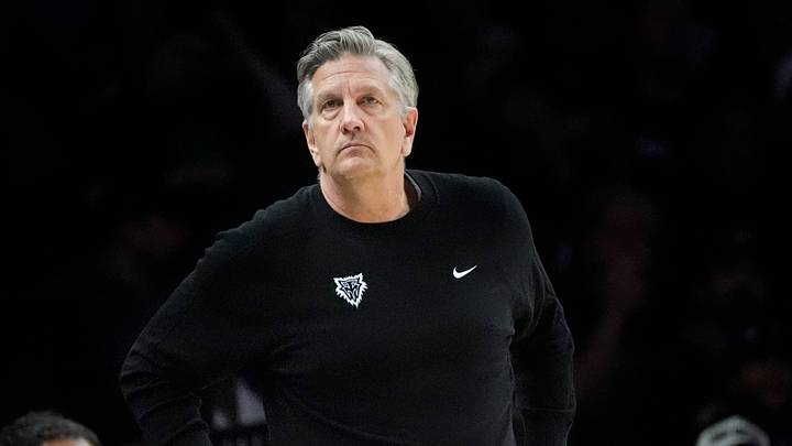 May 10, 2026; Minneapolis, Minnesota, USA; Minnesota Timberwolves head coach Chris Finch watches as his team plays the San Antonio Spurs in the fourth quarter of game four of the second round of the 2026 NBA Playoffs at Target Center. Mandatory Credit: Bruce Kluckhohn-Imagn Images