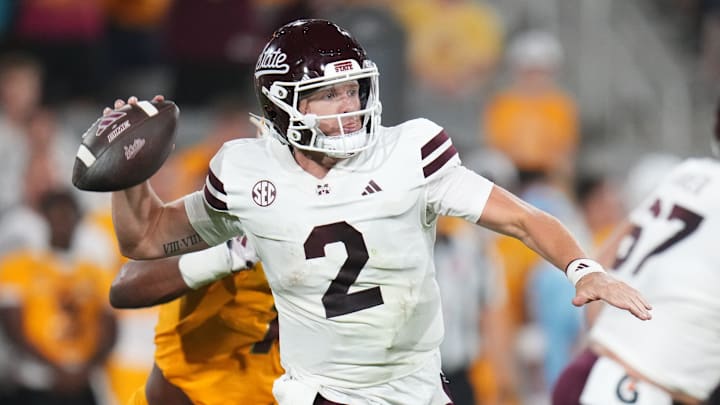 Mississippi State Bulldogs quarterback Blake Shapen (2) throws the ball against Arizona State at Mountain America Stadium on Sept. 7, 2024, in Tempe.