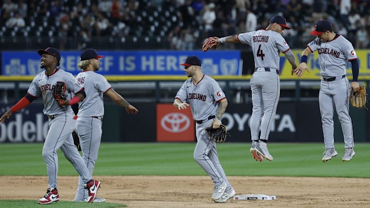 Aug 9, 2025; Chicago, Illinois, USA; Cleveland Guardians players celebrate team's win against the Chicago White Sox in a baseball game at Rate Field. Mandatory Credit: Kamil Krzaczynski-Imagn Images