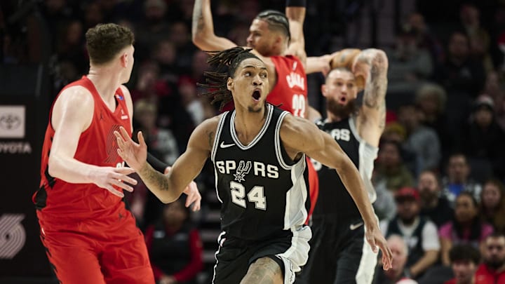 San Antonio Spurs guard Devin Vassell (24) reacts to getting called for a foul during the first half against the Portland Trail Blazers at Moda Center. San Antonio Spurs guard Devin Vassell (24) reacts to getting called for a foul during the first half against the Portland Trail Blazers at Moda Center.