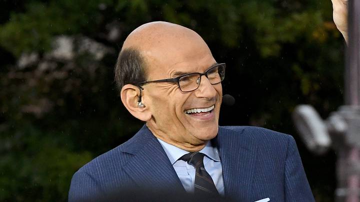 SEC Nation's Paul Finebaum laughs while on set. 