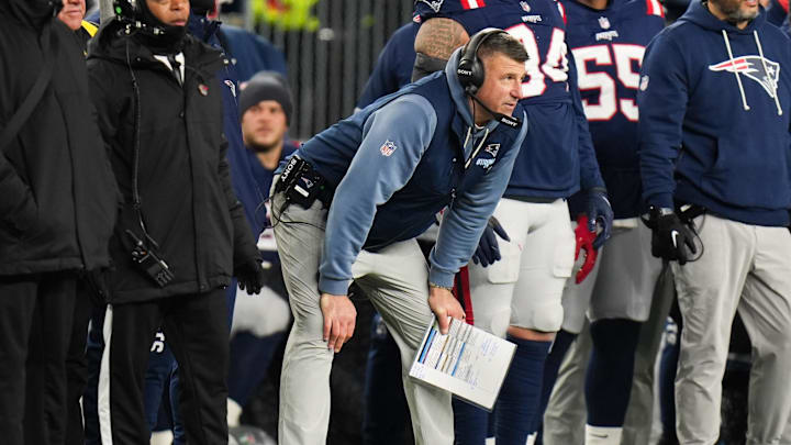 Jan 11, 2026; Foxborough, MA, USA; New England Patriots head coach Mike Vrabel watches a play during the second quarter against the Los Angeles Chargers in an AFC Wild Card Round game at Gillette Stadium. Mandatory Credit: David Butler II-Imagn Images