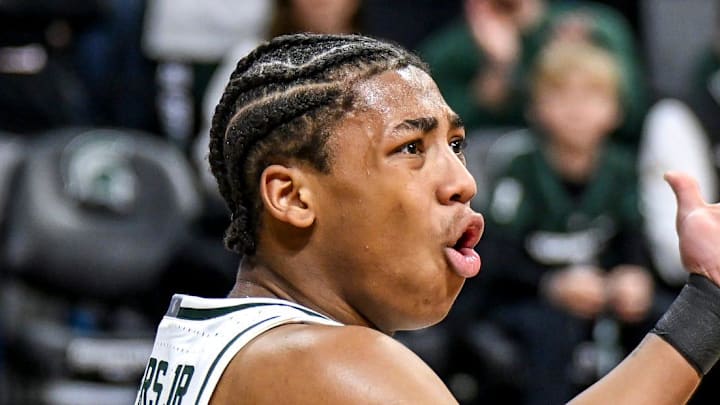 Michigan State's Jeremy Fears Jr. looks for the foul after a shot against Ohio State during the first half on Sunday, Feb. 22, 2026, at the Breslin Center in East Lansing.