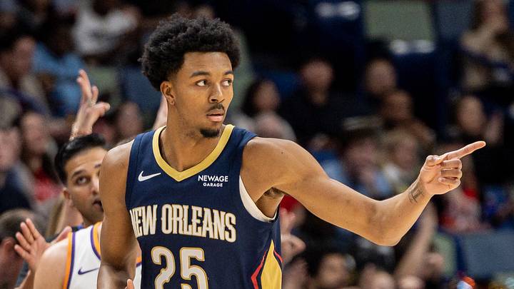 Dec 27, 2025; New Orleans, Louisiana, USA; New Orleans Pelicans forward Trey Murphy III (25) reacts to making a three-point basket against the Phoenix Suns during the first half at Smoothie King Center. Mandatory Credit: Stephen Lew-Imagn Images Dec 27, 2025; New Orleans, Louisiana, USA; New Orleans Pelicans forward Trey Murphy III (25) reacts to making a three-point basket against the Phoenix Suns during the first half at Smoothie King Center. Mandatory Credit: Stephen Lew-Imagn Images