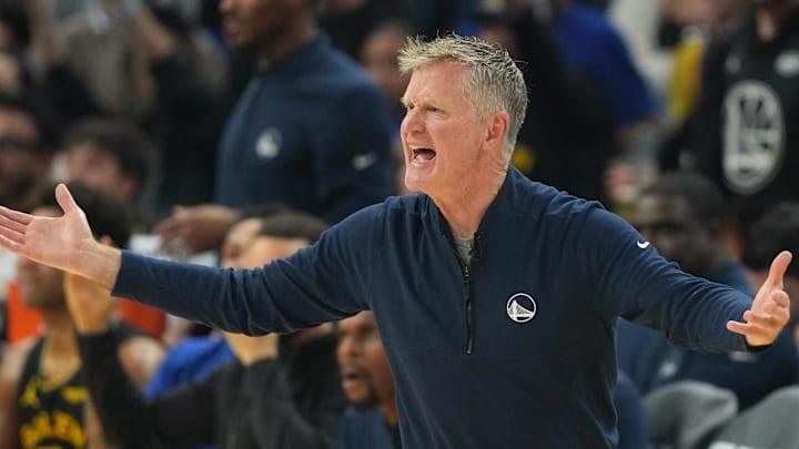 Jan 2, 2026; San Francisco, California, USA; Golden State Warriors head coach Steve Kerr reacts to a foul call during the first quarter against the Oklahoma City Thunder at Chase Center. Mandatory Credit: Darren Yamashita-Imagn Images