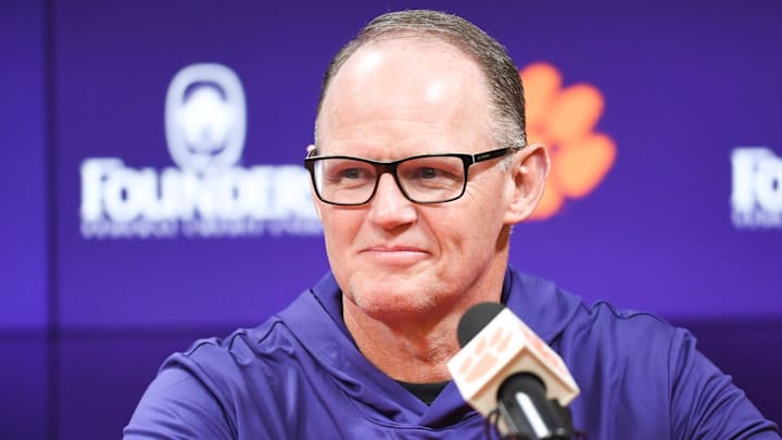 Clemson Head Coach Dabo Swinney introduces newly hired football defensive coordinator Tom Allen, formerly at Penn State University, in the Smart Family Media Center at Clemson University in Clemson, S.C. Wednesday, January 15, 2024.