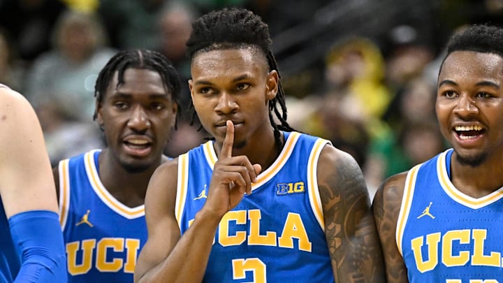 Dec 8, 2024; Eugene, Oregon, USA; UCLA Bruins guard Dylan Andrews (2) reacts after making a 3 point shot to take the lead in the second half in the game against the Oregon Ducks at Matthew Knight Arena. Mandatory Credit: Craig Strobeck-Imagn Images Dec 8, 2024; Eugene, Oregon, USA; UCLA Bruins guard Dylan Andrews (2) reacts after making a 3 point shot to take the lead in the second half in the game against the Oregon Ducks at Matthew Knight Arena. Mandatory Credit: Craig Strobeck-Imagn Images