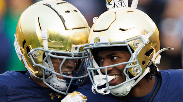 Notre Dame running back Jadarian Price celebrates after scoring a touchdown