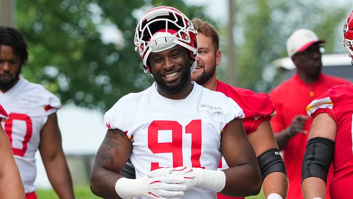 Jul 29, 2026; St. Joseph, MO, USA; Kansas City Chiefs center Creed Humphrey (52) and defensive end Felix Anudike-Uzomah (91) and guard Mike Caliendo (66) walk down the hill to the practice fields during training camp at Missouri Western State University. Mandatory Credit: Denny Medley-Imagn Images Jul 29, 2026; St. Joseph, MO, USA; Kansas City Chiefs center Creed Humphrey (52) and defensive end Felix Anudike-Uzomah (91) and guard Mike Caliendo (66) walk down the hill to the practice fields during training camp at Missouri Western State University. Mandatory Credit: Denny Medley-Imagn Images