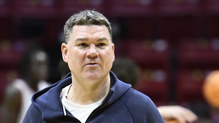Mar 19, 2026; San Diego, CA, USA; Arizona Wildcats head coach Tommy Lloyd looks on during a practice session ahead of the first round of the men's 2026 NCAA Tournament at Viejas Arena. Mandatory Credit: Denis Poroy-Imagn Images
