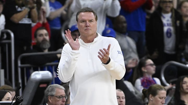 Mar 20, 2025; Providence, RI, USA; Kansas Jayhawks head coach Bill Self reacts during the first half against the Arkansas Razorbacks at Amica Mutual Pavilion. Mandatory Credit: Eric Canha-Imagn Images Mar 20, 2025; Providence, RI, USA; Kansas Jayhawks head coach Bill Self reacts during the first half against the Arkansas Razorbacks at Amica Mutual Pavilion. Mandatory Credit: Eric Canha-Imagn Images