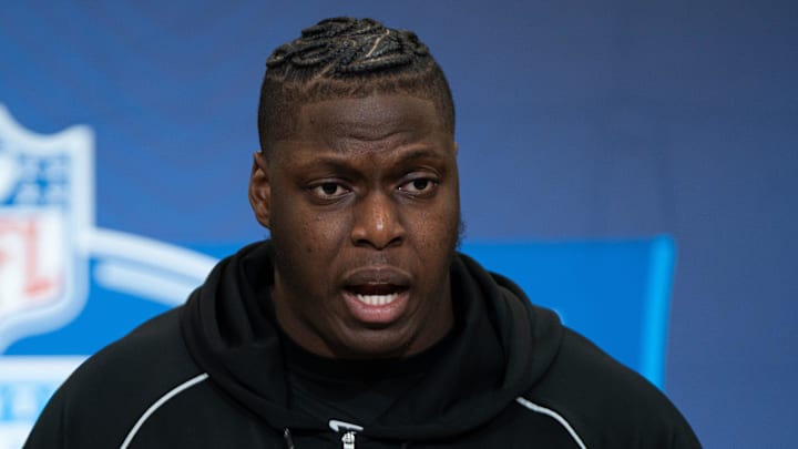 Oregon offensive lineman Emmanuel Pregnon speaks to members of the media.