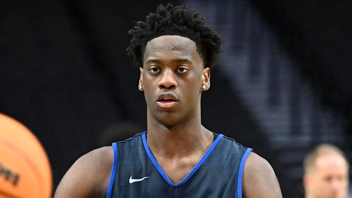 Mar 18, 2026; Portland, OR, USA; BYU Cougars forward AJ Dybantsa (3) passes the ball during a practice session ahead of the first round of the men's 2026 NCAA Tournament at Moda Center. Mandatory Credit: Craig Strobeck-Imagn Images