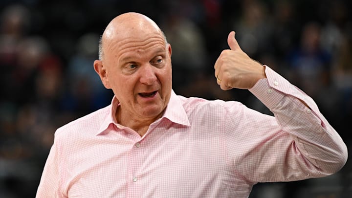 Oct 14, 2024; Inglewood, California, USA; LA Clippers owner Steve Ballmer reacts in the game against the Dallas Mavericks during the first half at Intuit Dome. Oct 14, 2024; Inglewood, California, USA; LA Clippers owner Steve Ballmer reacts in the game against the Dallas Mavericks during the first half at Intuit Dome.
