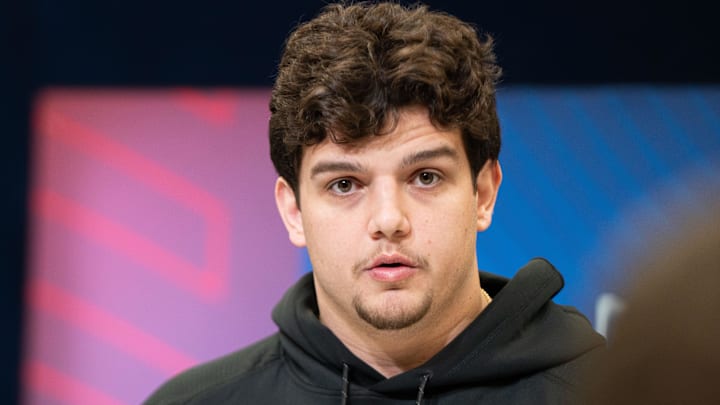 Mar 1, 2025; Indianapolis, IN, USA; Louisiana State University offensive lineman Will Campbell (OL05) answers questions at a press conference during the 2025 NFL Combine at Indiana Convention Center. 