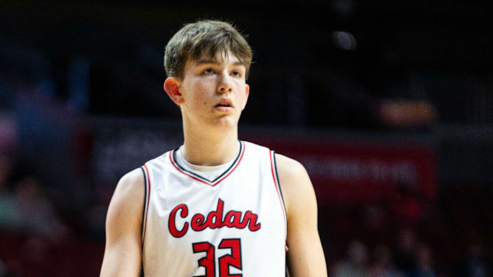 Cedar Falls' William Gerdes during the Class 4A boys state quarterfinal against Dubuque Senior on Monday, March 10, 2025, at Wells Fargo Arena in Des Moines.
